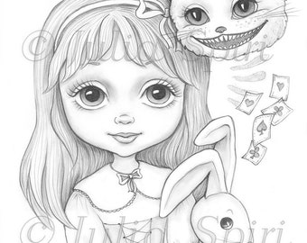 Coloring Page, Digital stamp, Digi, Cheshire Cat, Rabbit, Cards, Whimsy, Line art. Alice in Wonderland