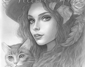 Coloring Page, Cute Girl, Fantasy Portrait, Flowers, Drawing, Grayscale. Gabriela and Cat