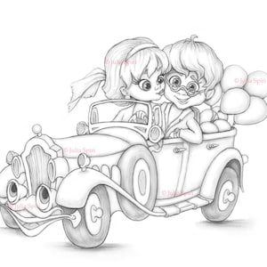 Coloring Page, Digital stamp, Digi, Cute Girl Boy, Just Married, Couple in love, Marriage, Whimsy, Line art. Newlyweds on a Cabriolet.