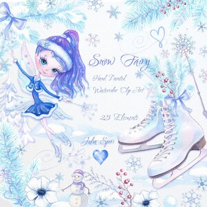 Clipart aquarelle hiver, patins à glace, flocon de neige, bleu, épicéa, bonhomme de neige, branche, baguette magique, temps froid, autocollant pour agenda, bricolage. Fée des neiges
