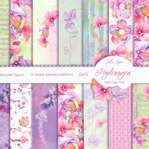 Paquete de papel digital de acuarela, flores de hortensia, estampados florales, elementos pintados a mano, boda, marco floral, tarjeta de felicitación DIY. Hortensia