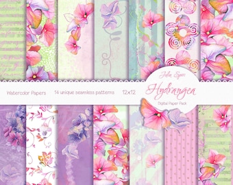 Watercolor Digital Paper Pack, Hydrangea Flowers, Floral Patterns, Handpainted Elements, Wedding, floral frame, Greeting card diy. Hydrangea