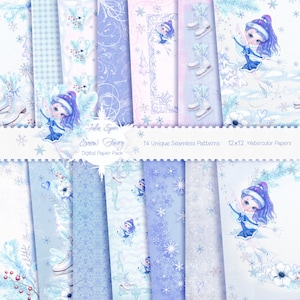 Puede incluir: Un paquete de papel digital con 14 patrones únicos sin costuras y 12 papeles de acuarela con un tema de hada de invierno. Los patrones incluyen copos de nieve, patines de hielo y elementos florales en tonos de azul y blanco. Los papeles de acuarela presentan un hada de invierno con cabello azul y un vestido azul, patinando sobre hielo en un fondo nevado.