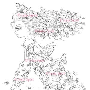 Coloriages, tampon numérique, chiffres, fille, papillon, fantaisie, fantaisiste, fabrication de cartes.  La collection de robes fantaisie. La robe papillon