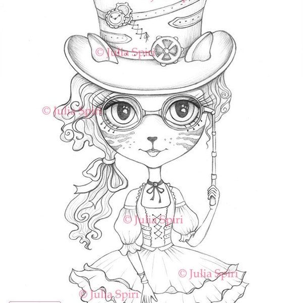 Coloring Pages, Digital stamp, Digi, Cat, Girl, Steampunk, Fantasy, Whimsical, Crafting, Cardmaking.  The Cat Girl Serie. Lulu Cat Girl