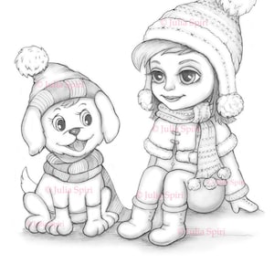 Coloring Page, Digital stamp, Digi, Girl, Fantasy, Puppy, Girl, Winter, Crafting, Scrapbooking, Grayscale, Black & White. Mia and Dog