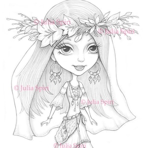 Coloring Pages, Digital stamp, Digi, Bride, Boho, Flowers, Bohemian, Fantasy, Whimsical, Crafting, Making cards. Boho bride