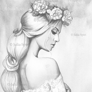 Grayscale Coloring Page, Digital stamp, Digi, Girl, Fantasy, Realistic women, Branch, Crafting, Scrapbooking Black & White. Romantic dream