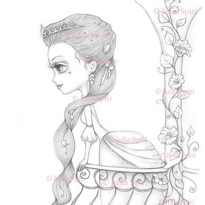 Princess Coloring Page, Digital stamp, Dig, Vintage Girl, Old dress, Rustic, Balcony, Crafting, Fantasy Fairytale. Waiting for the prince