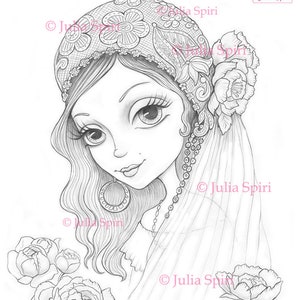 Coloriages, tampon numérique, digi, mariée, bohème, fleurs, pivoine, fantaisie, fantaisiste, travaux manuels, fabrication de cartes. Mariée gitane