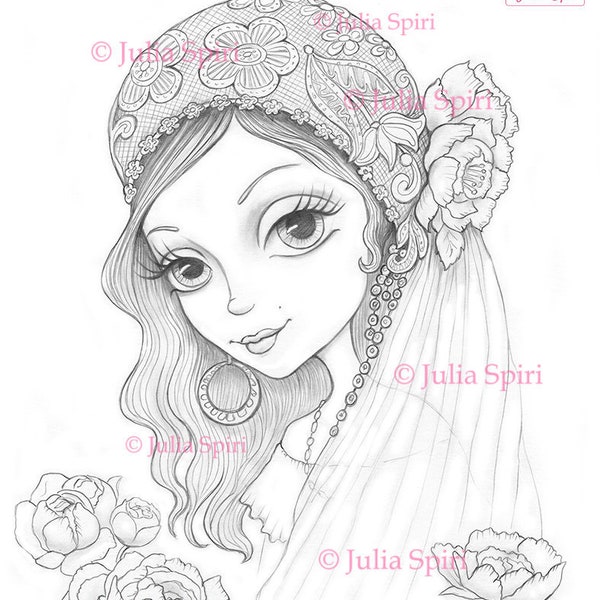 Coloring Pages, Digital stamp, Digi, Bride, Boho, Flowers, Peony, Fantasy, Whimsical, Crafting, Making cards. Gypsy bride