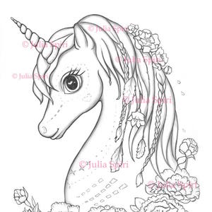 Coloring Pages, Digital stamp, Digi, Unicorn, Boho, Flowers, Peony, Fantasy, Whimsical Crafting.  The Unicorn Collection. Spirit Dreamer