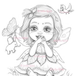 Coloriage, tampon numérique, digicode, fille, fantaisie, fée, petite fille, papillon, éléphant, travaux manuels, scrapbooking, noir et blanc. Surprise
