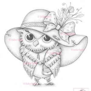 Owl Coloring Page, Digital stamp, Digi, Fashion, Hat, Bird, Bag, Bow, Crafting, Fantasy, Whimsy, Craft. Owl Fashionista image 1