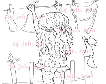Digital Stamps, Digi, Scrapbooking printable, Children stamps, Coloring pages, Washing, Cute girl, Cat. Girl hanging out the washing