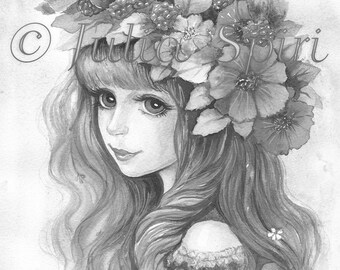 Grayscale Coloring Page, Fantasy Girl Portrait with Strawberry and Raspberry. Summer Vibes