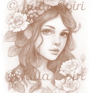 May include: A sepia-toned pencil drawing of a woman with long, flowing hair adorned with flowers and leaves. The artwork features a detailed portrait with delicate shading and the artist's signature.