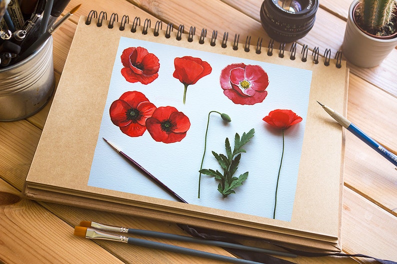 Watercolor Poppies Flowers Clipart, Poppy Hand Painted, Watercolor Flowers, Wedding, Invitation, Diy, Red, PNG Elements, Invite. Poppies image 3