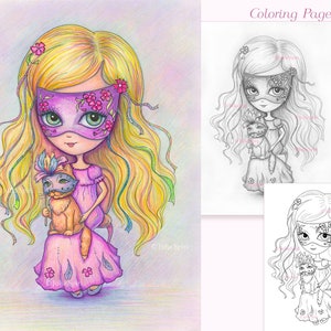 May include: A coloring page featuring a girl with long blonde hair wearing a pink masquerade mask and a pink dress. She is holding a cat wearing a masquerade mask. The image is in black and white.