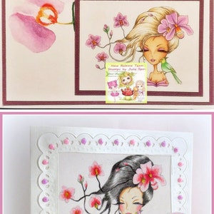 May include: A handmade card with a pink and white floral design. The card features a watercolor illustration of a woman with long black hair and a pink orchid in her hair. The card also includes the text "Spring Wishes".