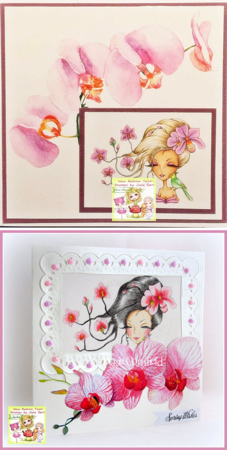 May include: A handmade card with a pink and white floral design. The card features a watercolor illustration of a woman with long black hair and a pink orchid in her hair. The card also includes the text "Spring Wishes".