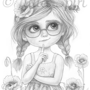 May include: A pencil sketch of a young person with glasses, pigtails, and a floral dress, surrounded by poppy flowers. The person has a finger on their lips, as if thinking. The artist's name, Julia Spiri, is visible.