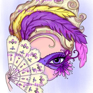 May include: A whimsical illustration of a woman wearing a purple and gold masquerade mask with a single eye visible. She is holding a white lace fan with pink and purple accents. The background is a light purple.
