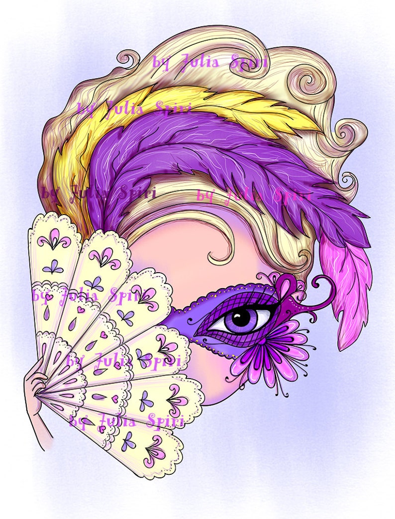 May include: A whimsical illustration of a woman wearing a purple and gold masquerade mask with a single eye visible. She is holding a white lace fan with pink and purple accents. The background is a light purple.
