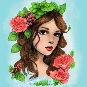 May include: A digital illustration of a woman with brown hair, blue eyes, and rosy cheeks, adorned with a floral crown of red roses and green leaves. The artwork is set against a light blue background and includes the text "Donna Sugra, Colorist."