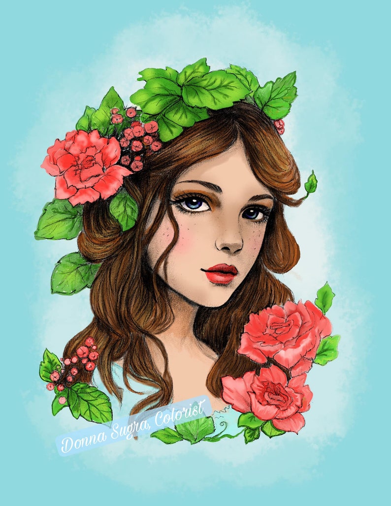 May include: A digital illustration of a woman with brown hair, blue eyes, and rosy cheeks, adorned with a floral crown of red roses and green leaves. The artwork is set against a light blue background and includes the text "Donna Sugra, Colorist."