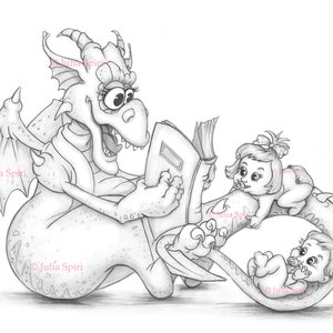 Coloring Page, Digital stamp, Digi, Babies, Girl, Boy, Toddlers, Reader, Whimsy, Line art. Nanny dragon