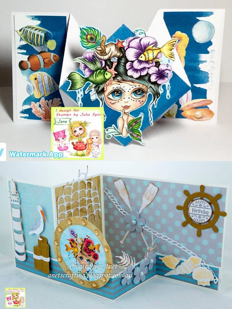 May include: A handmade pop-up card with a blue, white, and gold color scheme. The card features a mermaid with a crown of flowers and a seashell on her head. The card also features a lighthouse, a net, and a steering wheel. The text "Happy Birthday" is on the card.