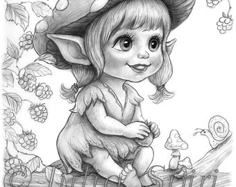 Grayscale Coloring Page, Whimsy, Cute Baby Girl Elf. Forest Berry Baby Elf