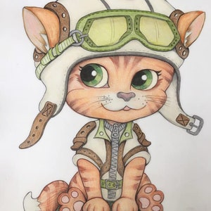 Steampunk Coloring Page, Digital stamp, Digi, Pet, Gears, Glasses, Mechanic, Metal, Iron, Helmet, Crafting, Fantasy, Whimsy. Aviator Cat image 7