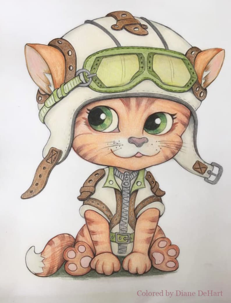 Steampunk Coloring Page, Digital stamp, Digi, Pet, Gears, Glasses, Mechanic, Metal, Iron, Helmet, Crafting, Fantasy, Whimsy. Aviator Cat image 7
