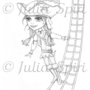 Pirate Coloring Page, Digital stamp, Digi, Girl, Cat, Pirates,  Adventure, Fantasy, Crafting, Fairytale, Whimsy craft. Bertha