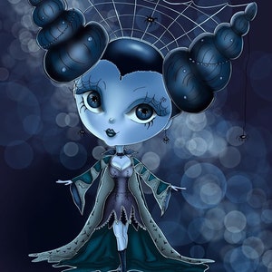 May include: A blue and black cartoon character with large eyes and a spiderweb crown. The character is wearing a long, flowing dress with a spiderweb design. The background is a dark blue with white circles.