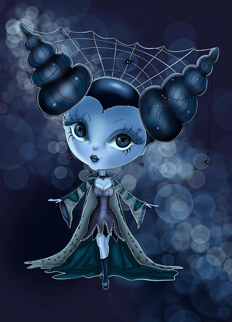 May include: A blue and black cartoon character with large eyes and a spiderweb crown. The character is wearing a long, flowing dress with a spiderweb design. The background is a dark blue with white circles.