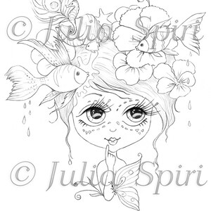 May include: A black and white line drawing of a girl with large eyes, flowers, and fish in her hair. She is wearing a butterfly on her arm and has her finger to her lips as if to say "shhh".