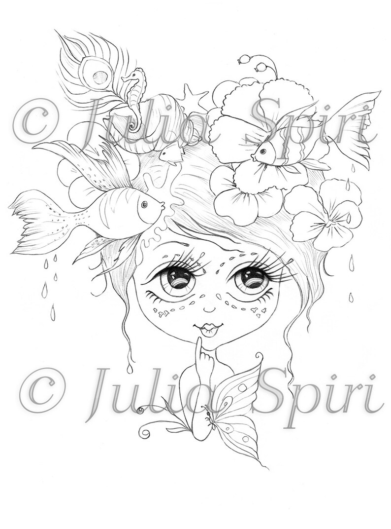 May include: A black and white line drawing of a girl with large eyes, flowers, and fish in her hair. She is wearing a butterfly on her arm and has her finger to her lips as if to say "shhh".
