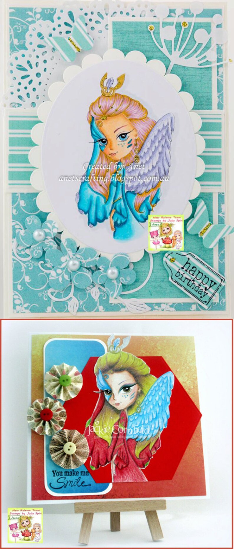 May include: Two handmade greeting cards featuring illustrations of fairies with wings. The first card has a blue and white colour scheme with the text "happy birthday". The second card has a red and blue colour scheme with the text "You make me smile".