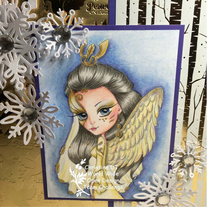 May include: A digital illustration of a winged angel with long black hair, gold accents, and a blue background. The angel has large blue eyes and a delicate facial expression. The text "Christine DT World Wide Open Design Team Challenge" is at the bottom of the image.