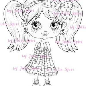 Digital Stamps INSTANT DOWNLOAD, Digi stamp, Children's stamps, Coloring Pages, Big Eyes, Stamping printable, Doll stamp. Girl with pigtails image 1