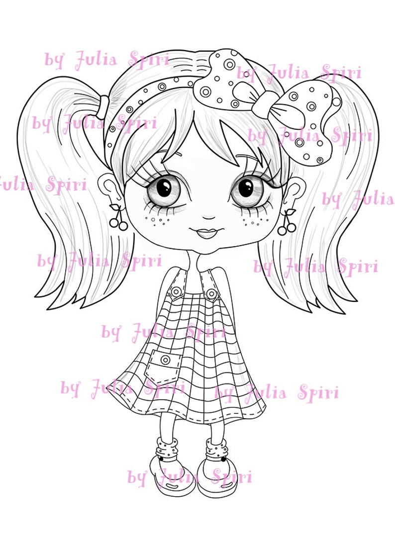 Digital Stamps INSTANT DOWNLOAD, Digi stamp, Children's stamps, Coloring Pages, Big Eyes, Stamping printable, Doll stamp. Girl with pigtails image 1