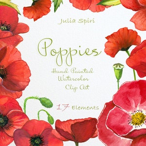Watercolor Poppies Flowers Clipart, Poppy Hand Painted, Watercolor Flowers, Wedding, Invitation, Diy, Red, PNG Elements, Invite. Poppies image 1