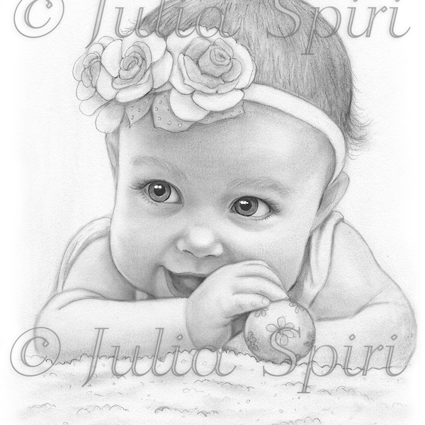 Coloring Page, Cute Girl, Realistic Portrait, Drawing, Grayscale. Baby Girl