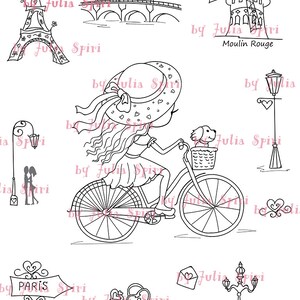 May include: Black and white line art illustration of a girl riding a bicycle with a dog in a basket. The girl is wearing a hat and a dress. The illustration includes other Parisian landmarks like the Eiffel Tower, a bridge, a windmill, and street lamps. The text "Je t'aime" is written at the top of the image.