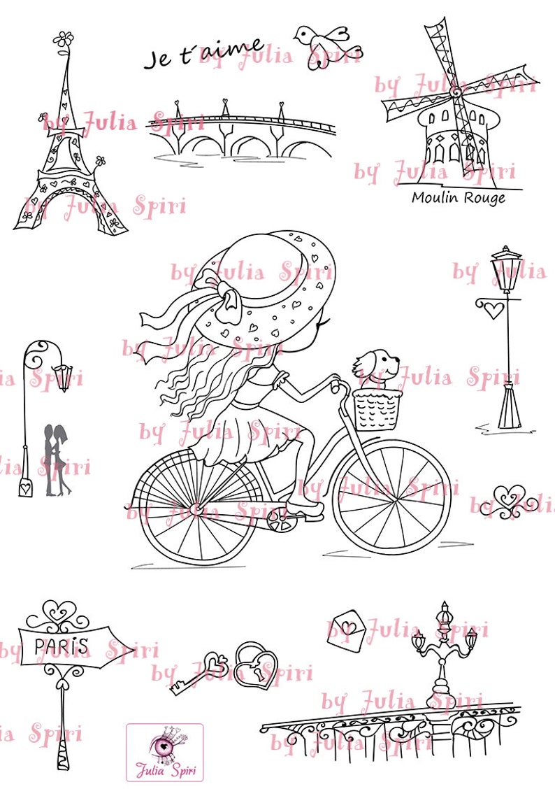 Digital Stamp bonus elements for cut, Paris stamps, Parisian girl in bike, Parisian elements, Eiffel Tower. The Paris Collection. Paris. image 1