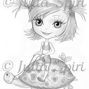 Coloring page, Children&#39;s Whimsy Images. Girl on a Turtle