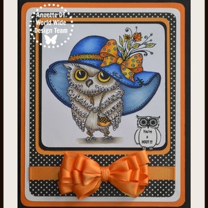 Owl Coloring Page, Digital stamp, Digi, Fashion, Hat, Bird, Bag, Bow, Crafting, Fantasy, Whimsy, Craft. Owl Fashionista image 2